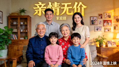 家庭剧《亲情无价》海报，三代同堂家庭合影